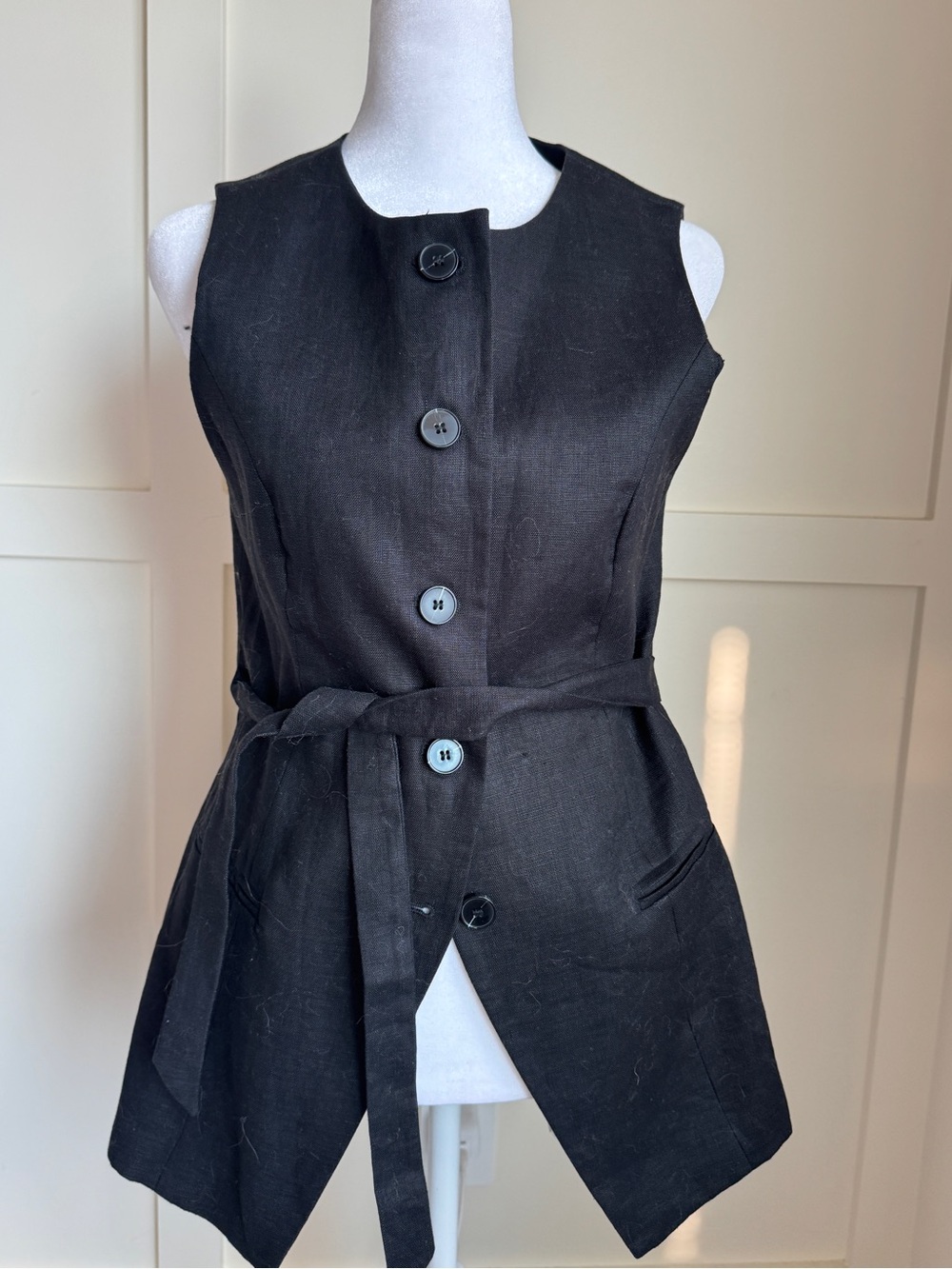 DISSH Black Sleeveless Button-Front Asymmetrical Tunic with Belt